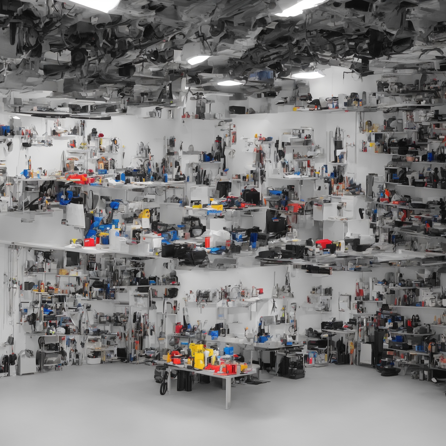 Clean automotive workshop space with organized workstations, professional equipment neatly arranged, bright workspace with natural and studio lighting