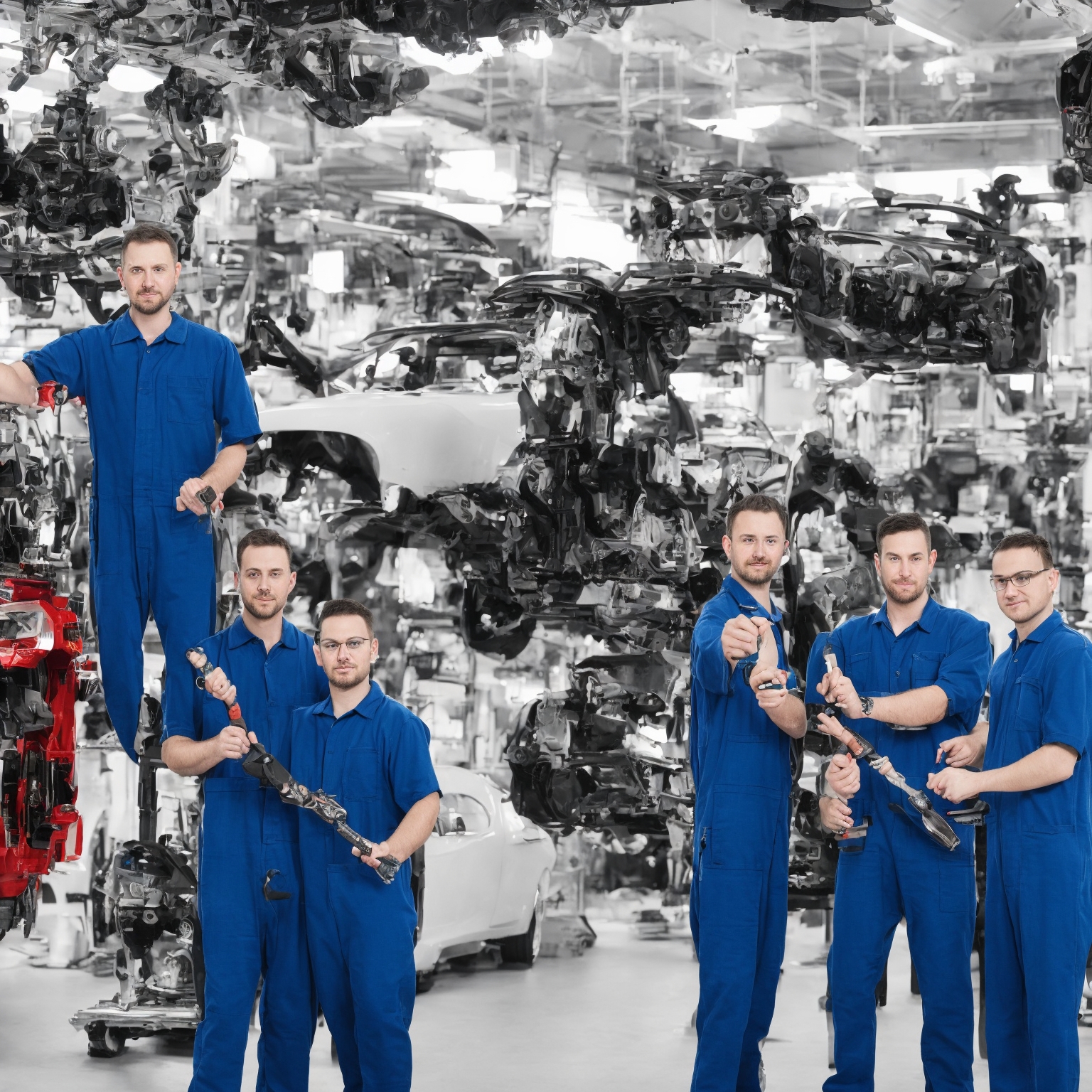 Professional team portrait in automotive workshop: two experienced technicians posing with tinting tools and equipment in background, confident posture, well-lit studio setting