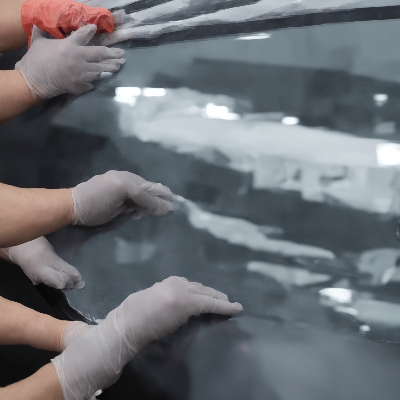 Technician hands carefully positioning ceramic window tint film in professional workshop